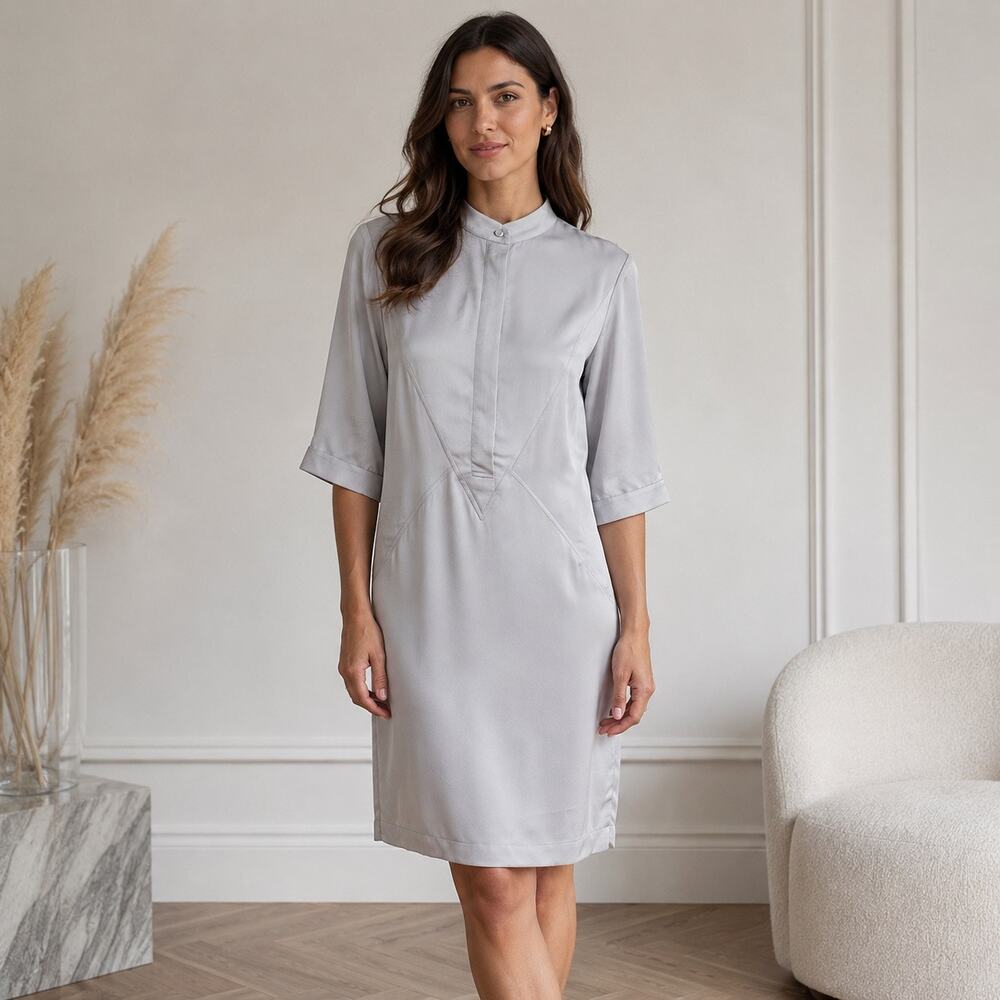 Reiss McCarthy Women’s US 0 Silver Gray Satin Shift Dress Mock Neck 3/4 Sleeve